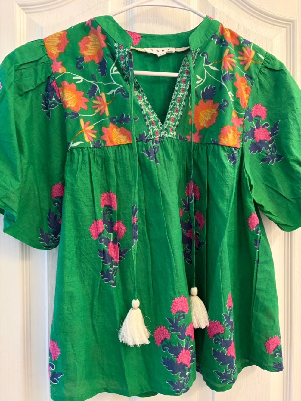 Women's THML Green Floral Blouse with White Tassels XS 100% Cotton
